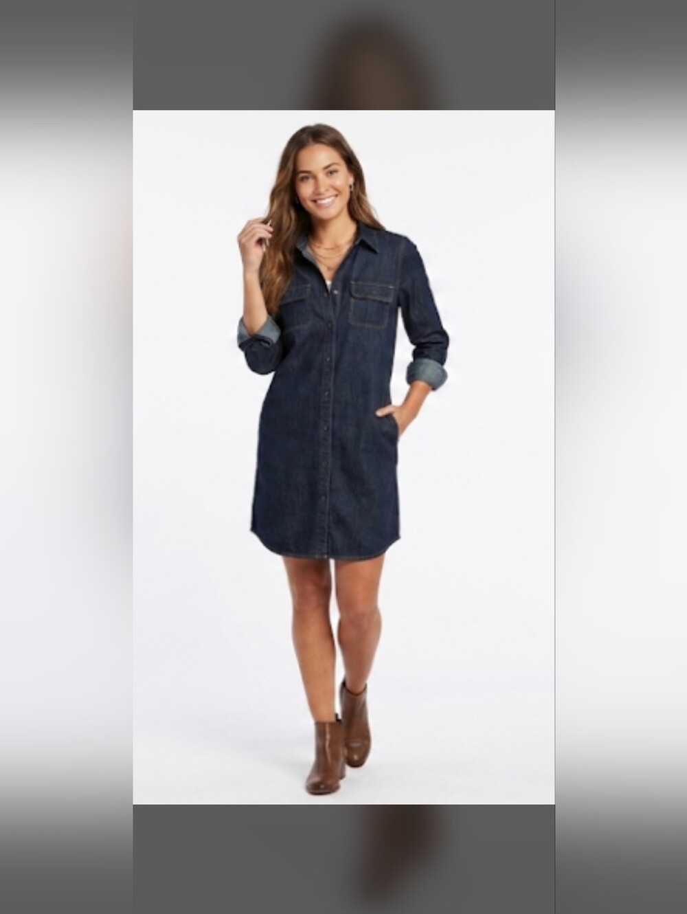 Classic Dark Blue Denim Shirt Dress with Belt - Picture 2 of 6